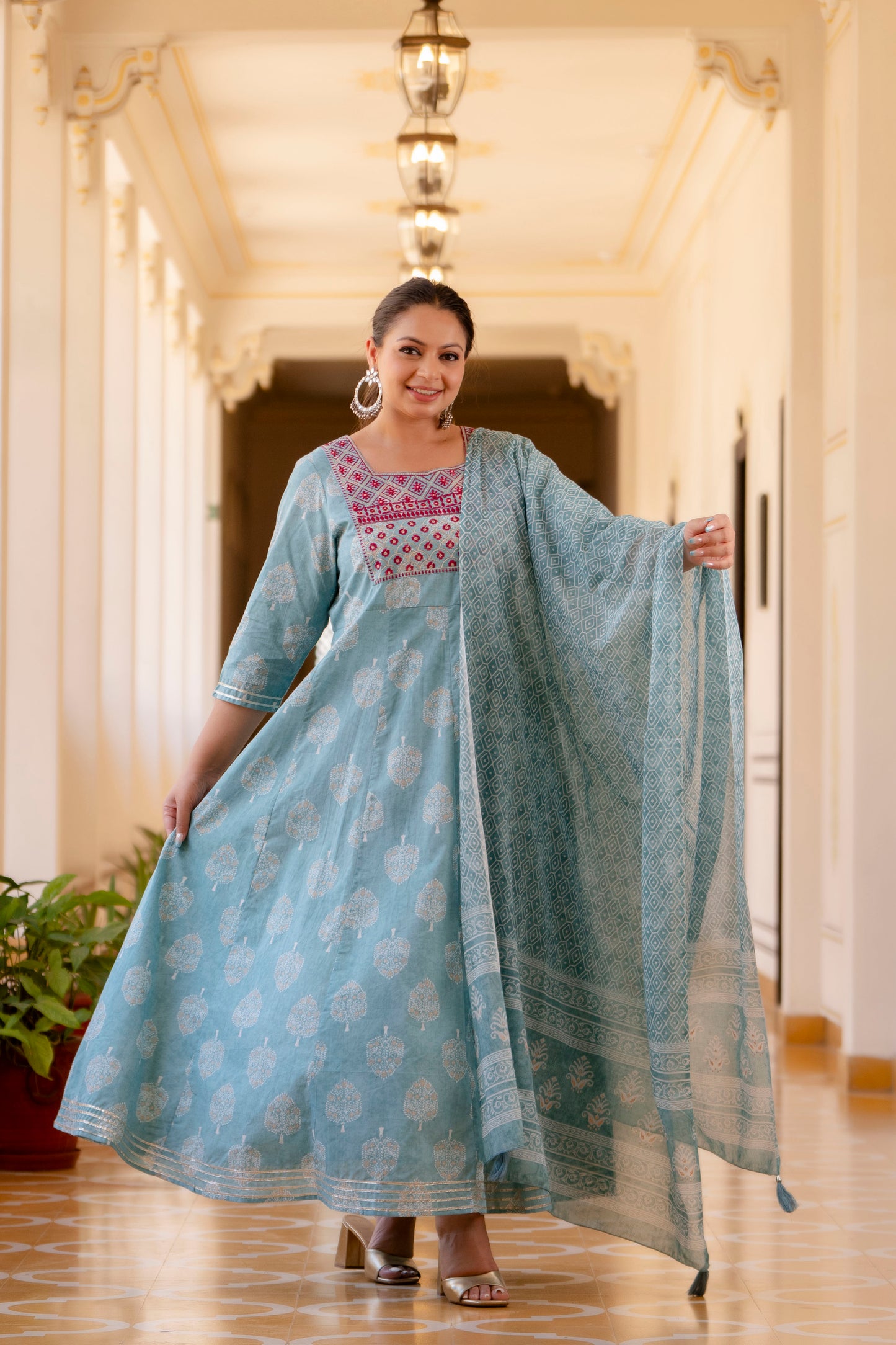 Light Blue Embroidered Anarkali Kurta & Dupatta Set (Pure Cotton)