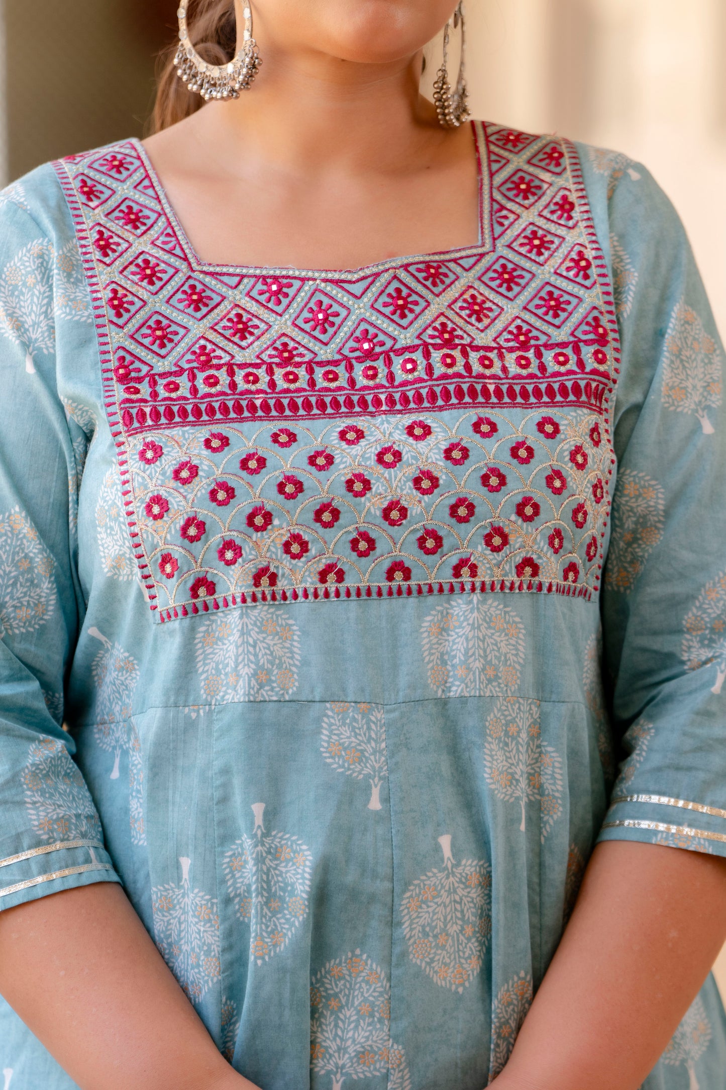 Light Blue Embroidered Anarkali Kurta & Dupatta Set (Pure Cotton)