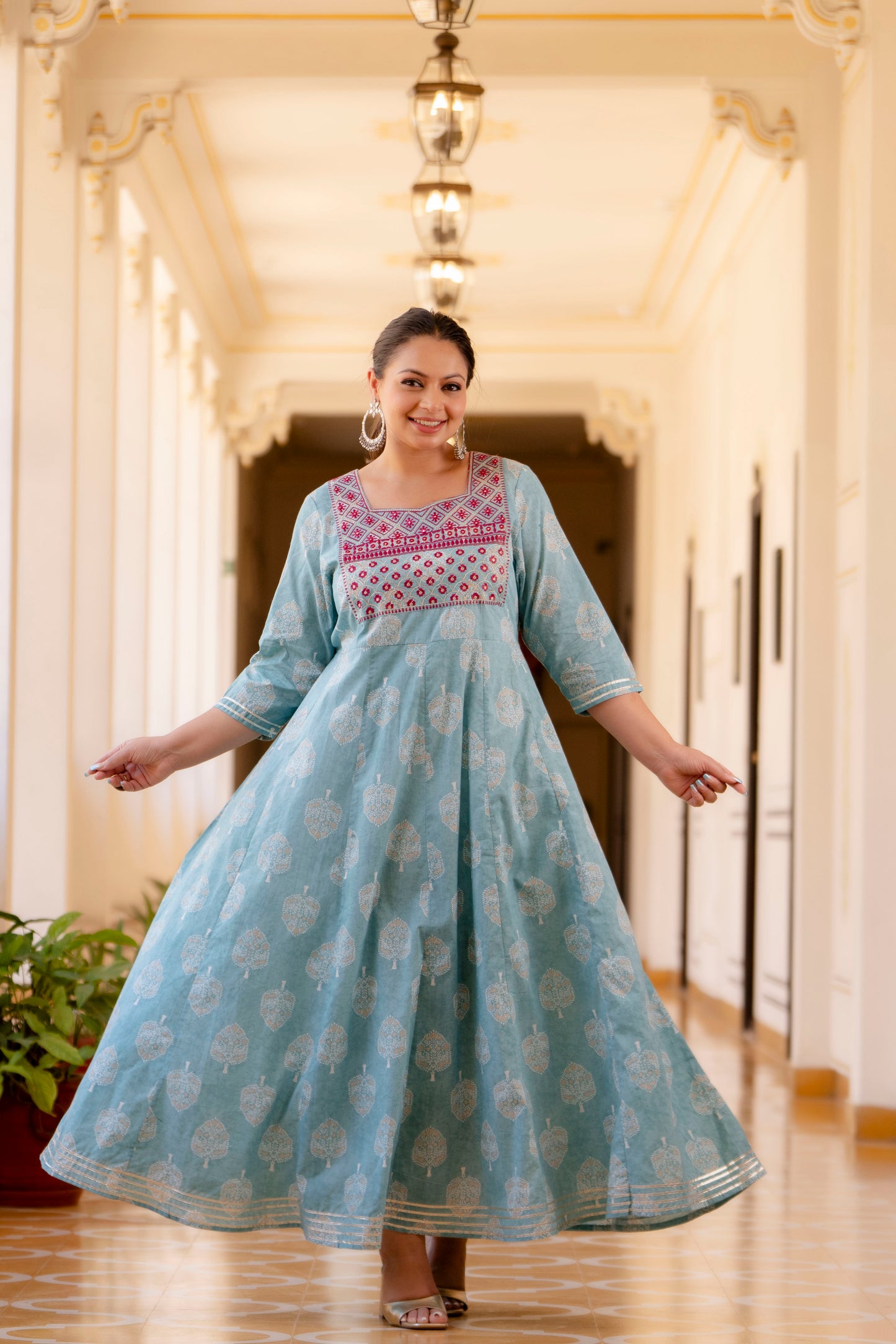 Light Blue Embroidered Anarkali Kurta & Dupatta Set (Pure Cotton)