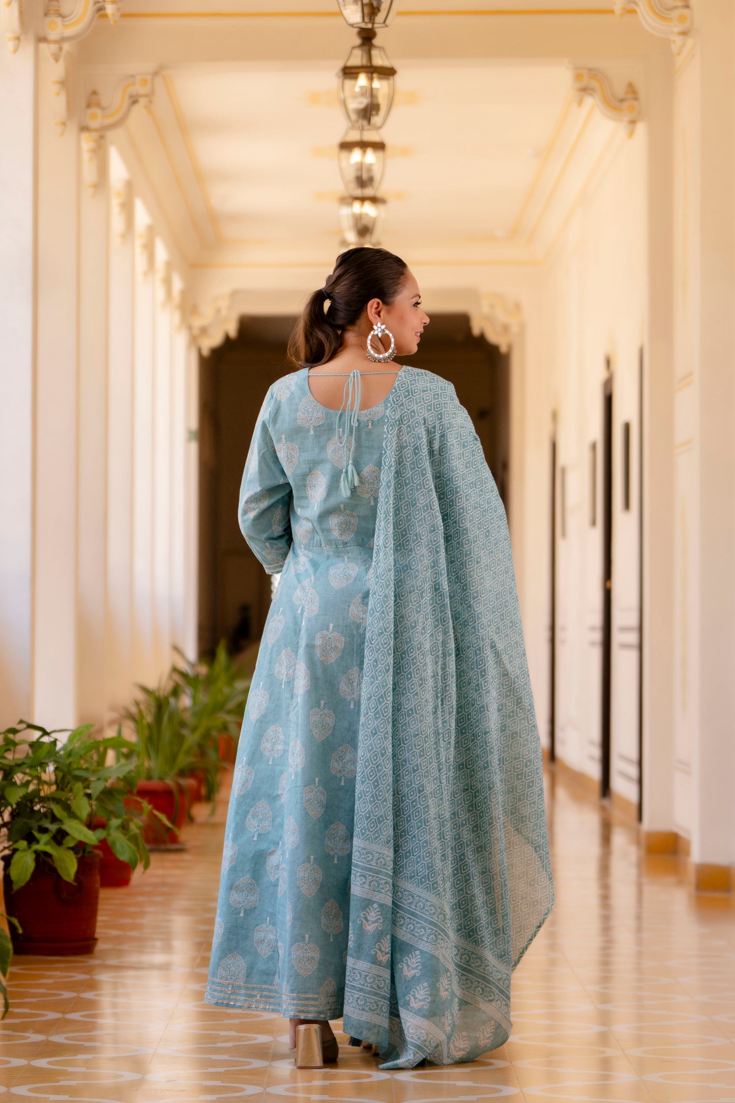 Light Blue Embroidered Anarkali Kurta & Dupatta Set (Pure Cotton)