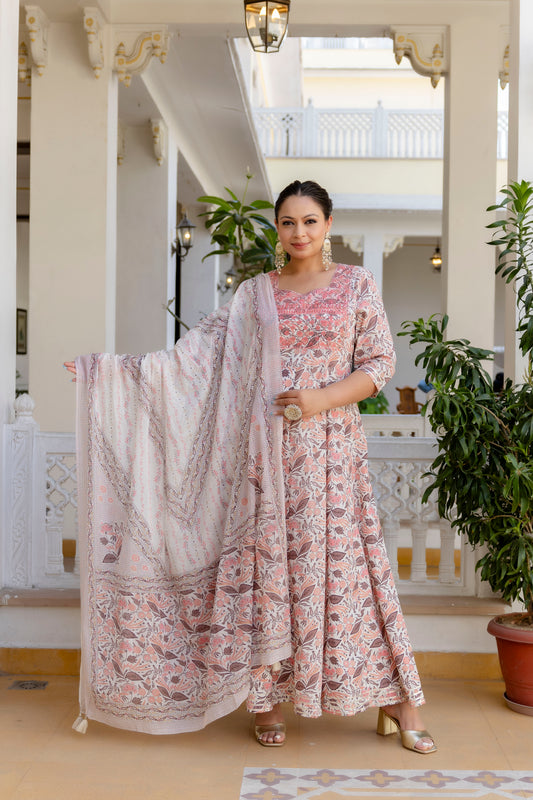 Peach Embroidered Anarkali Kurta & Dupatta Set (Pure Cotton)