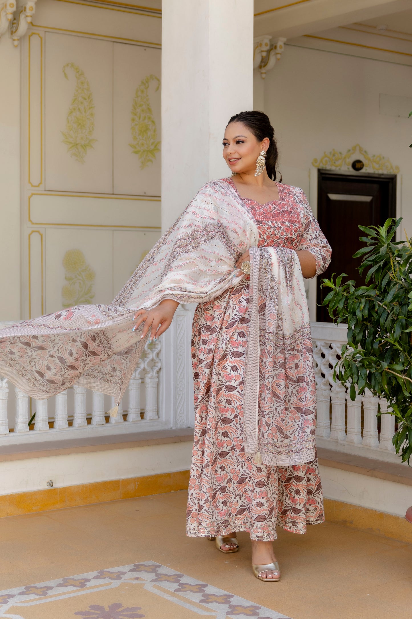 Peach Embroidered Anarkali Kurta & Dupatta Set (Pure Cotton)