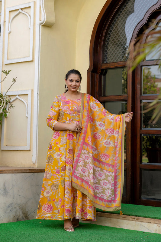 Mustard Embroidered Anarkali Kurta & Dupatta Set (Pure Cotton)