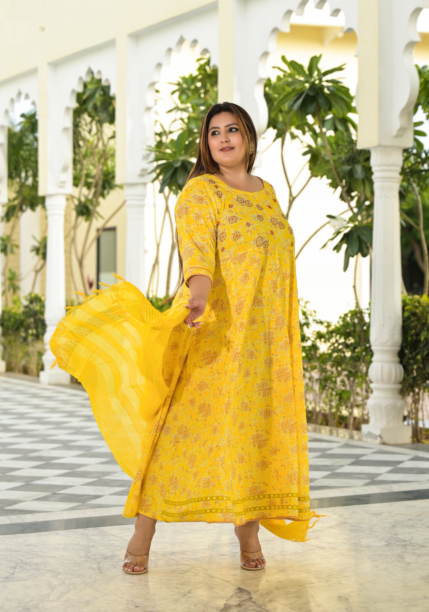 Yellow Anarkali Kurta & Dupatta Set (Pure Cotton)