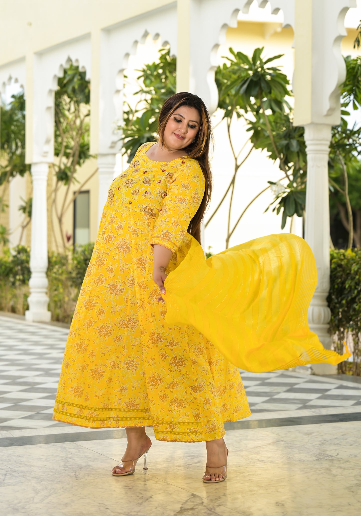 Yellow Anarkali Kurta & Dupatta Set (Pure Cotton)