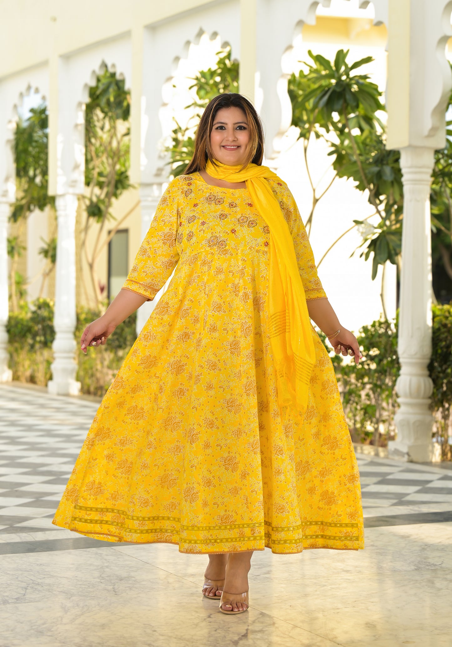 Yellow Anarkali Kurta & Dupatta Set (Pure Cotton)