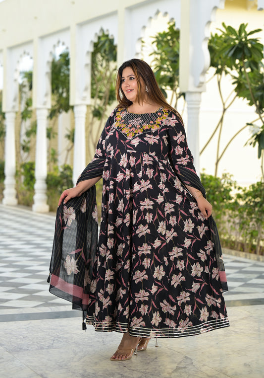 Black Embroidered Anarkali Kurta & Dupatta Set (Pure Cotton)