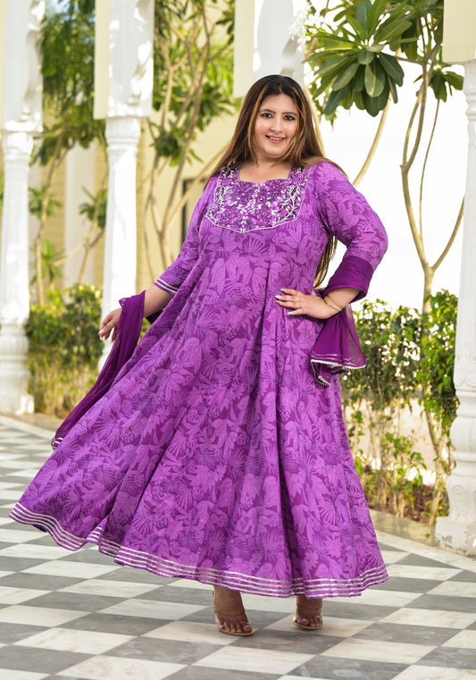 Purple Embroidered Anarkali Kurta & Dupatta Set (Pure Cotton)