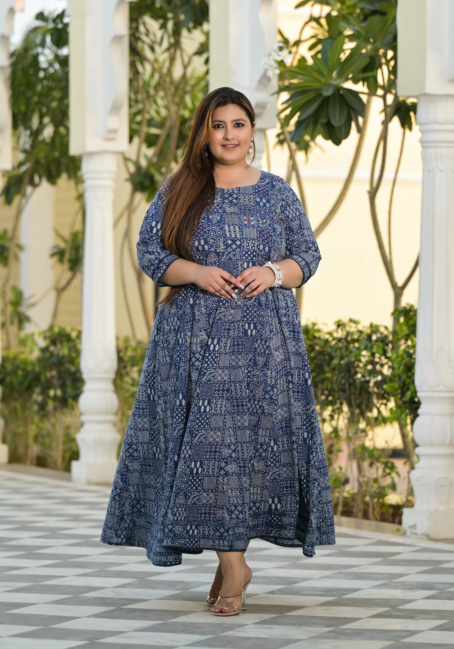 Blue Anarkali Kurta & Dupatta Set (Pure Cotton)