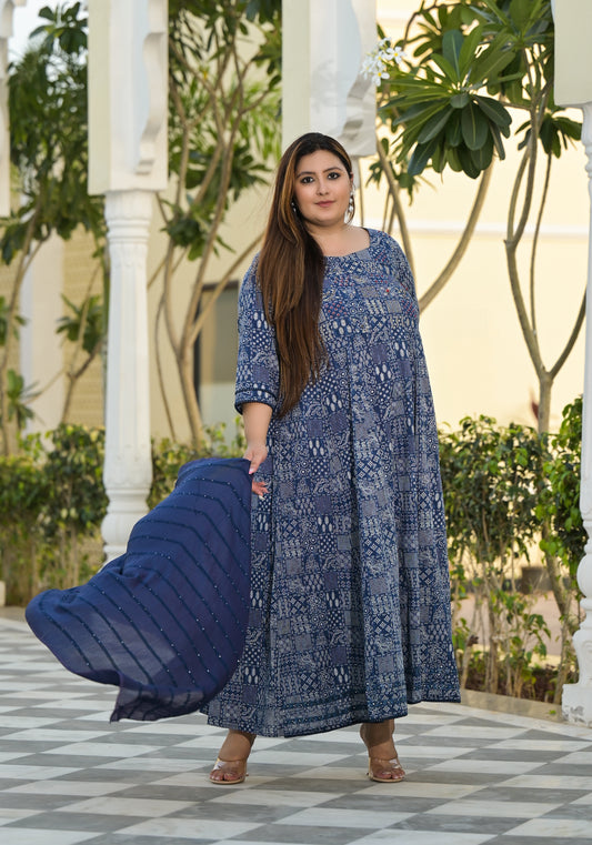 Blue Anarkali Kurta & Dupatta Set (Pure Cotton)