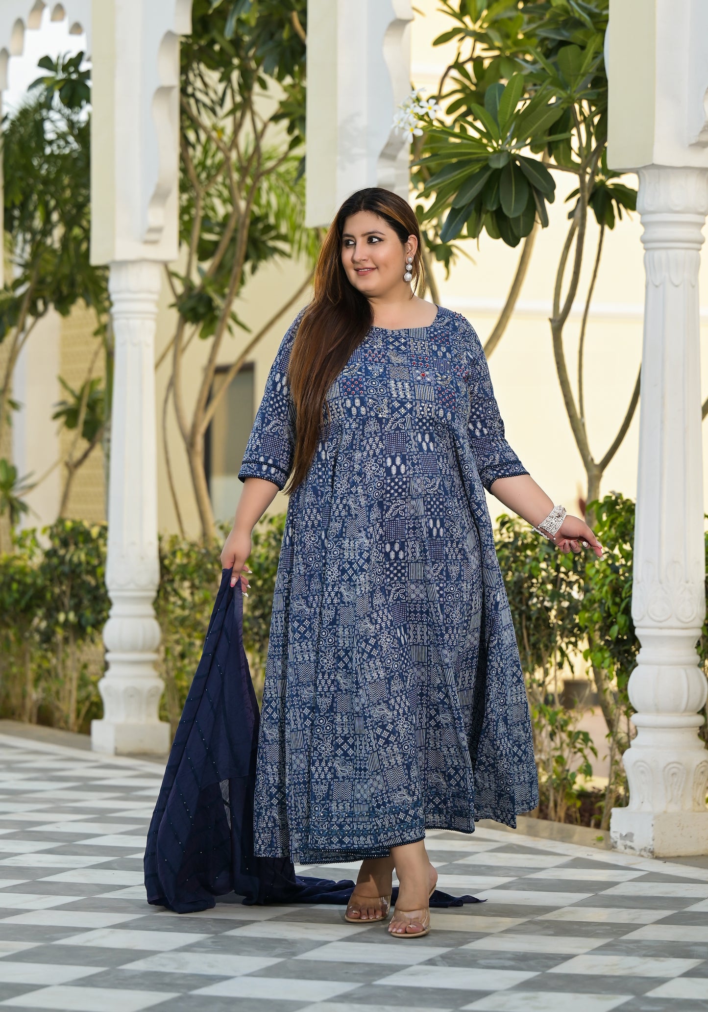 Blue Anarkali Kurta & Dupatta Set (Pure Cotton)