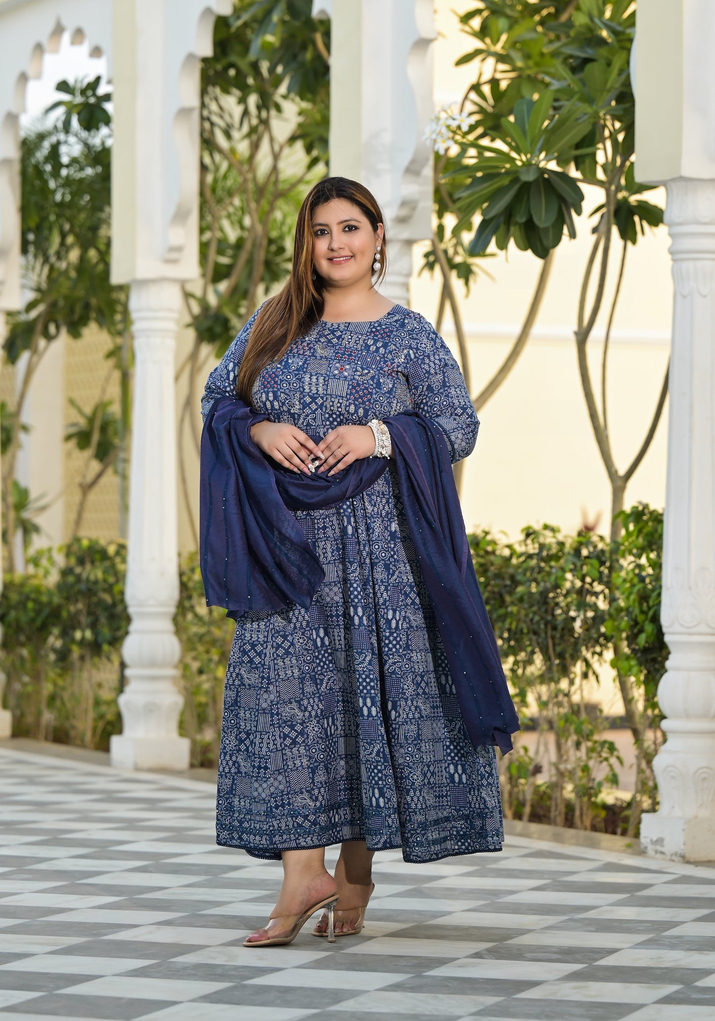 Blue Anarkali Kurta & Dupatta Set (Pure Cotton)