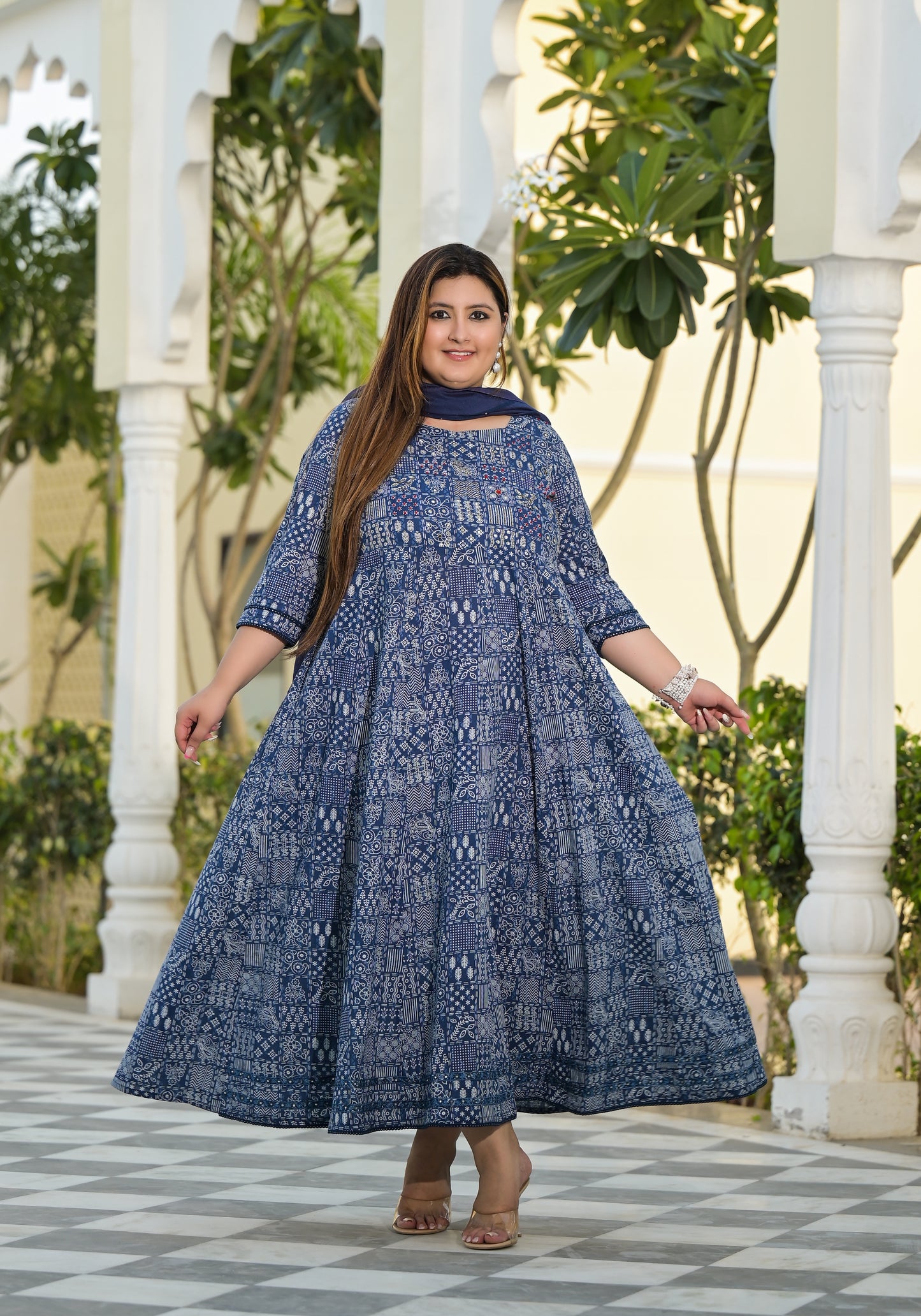 Blue Anarkali Kurta & Dupatta Set (Pure Cotton)