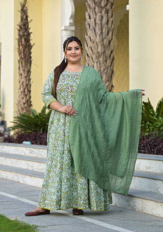 Green Anarkali Kurta & Dupatta Set (Pure Cotton)