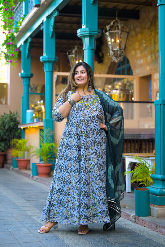 Blue Embroidered Anarkali Kurta & Dupatta Set (Pure Cotton)