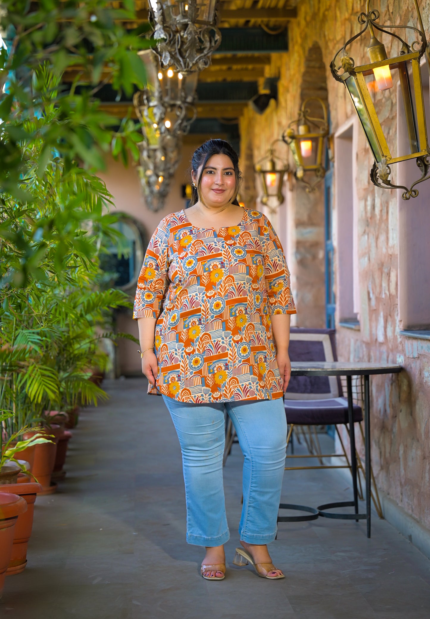 Beige Pure Cotton Printed Top