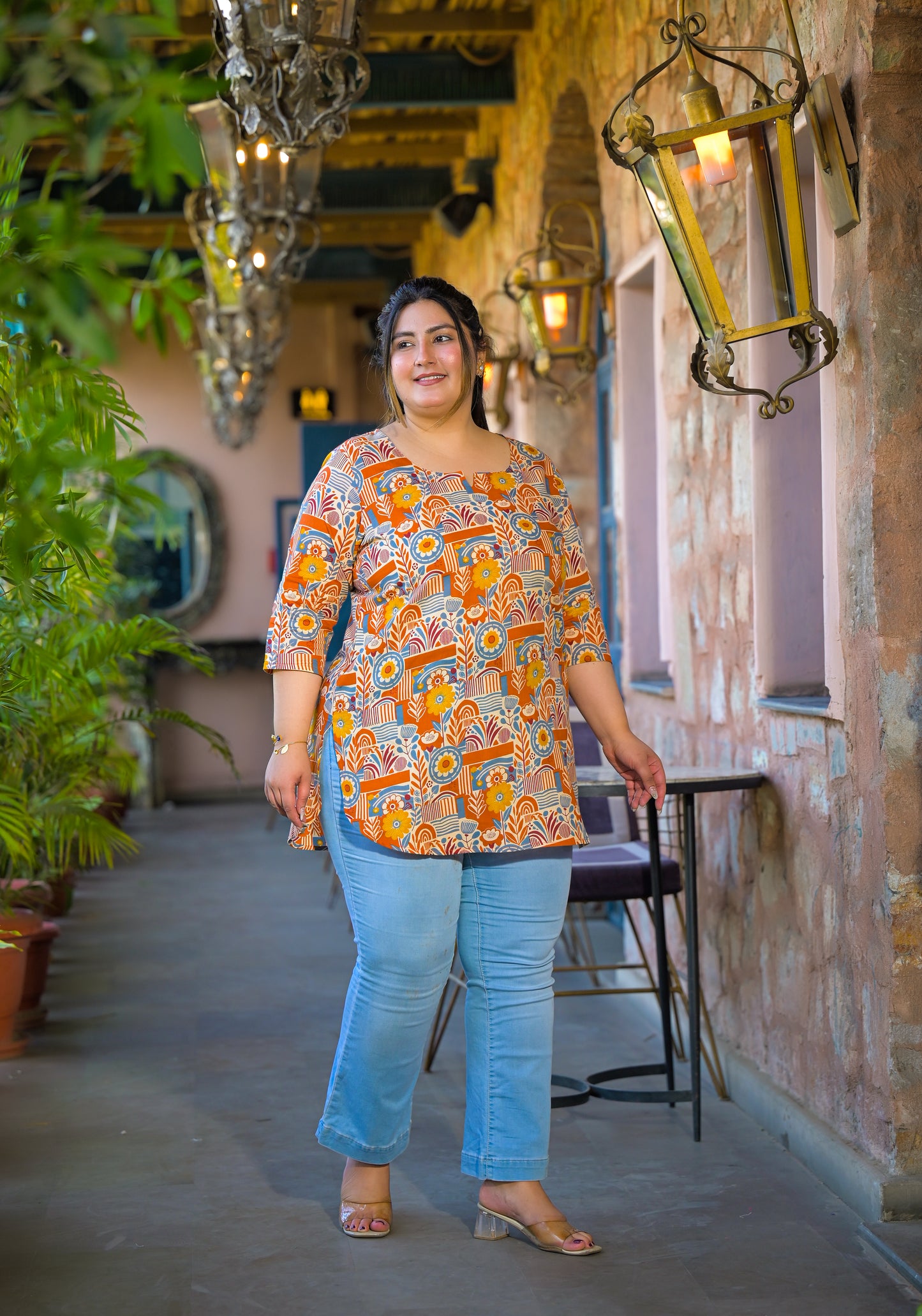 Beige Pure Cotton Printed Top