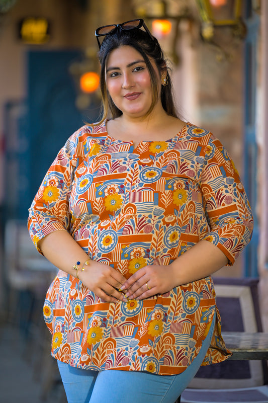 Beige Pure Cotton Printed Top