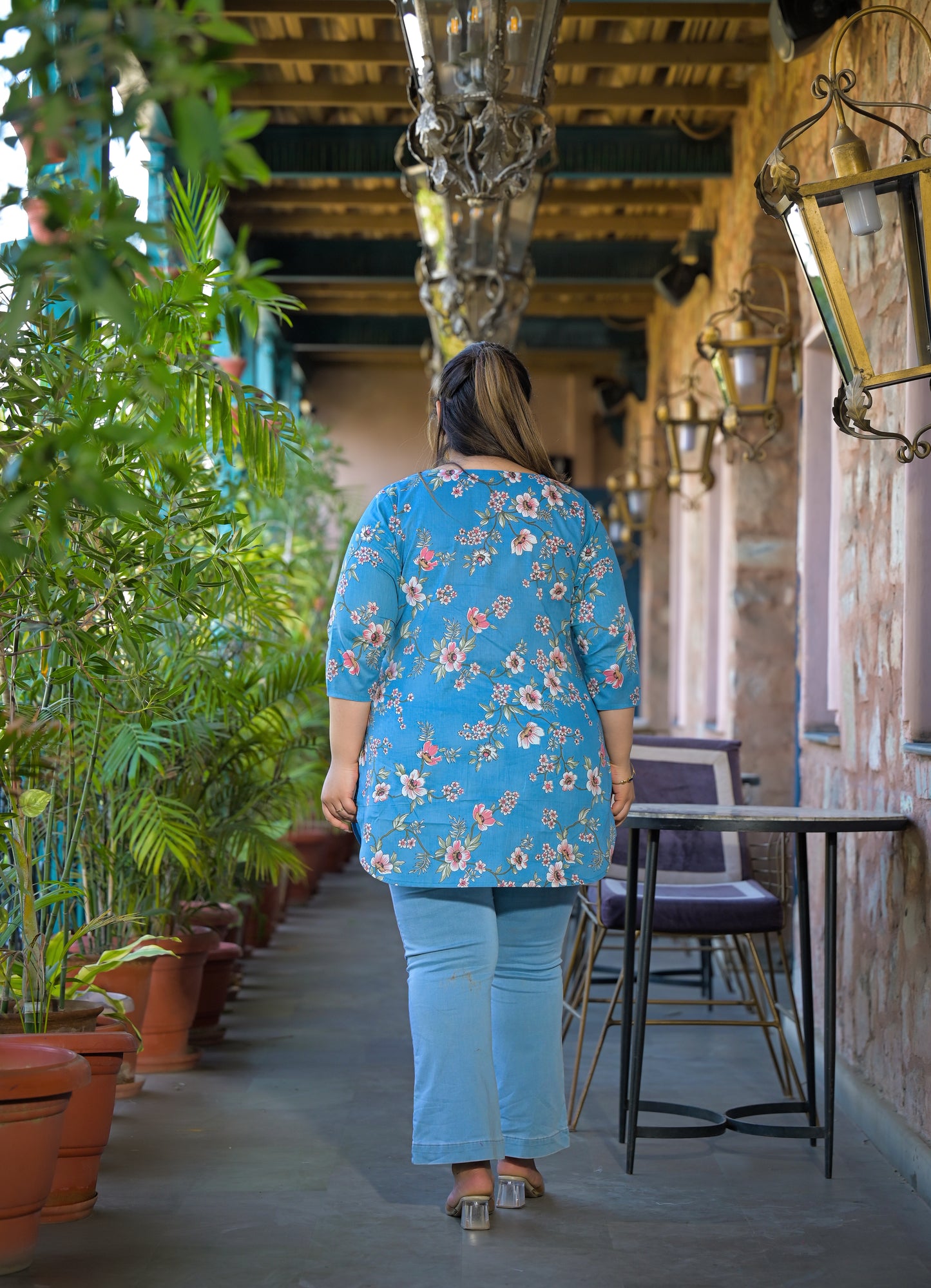 Teal Blue Pure Cotton Printed Top
