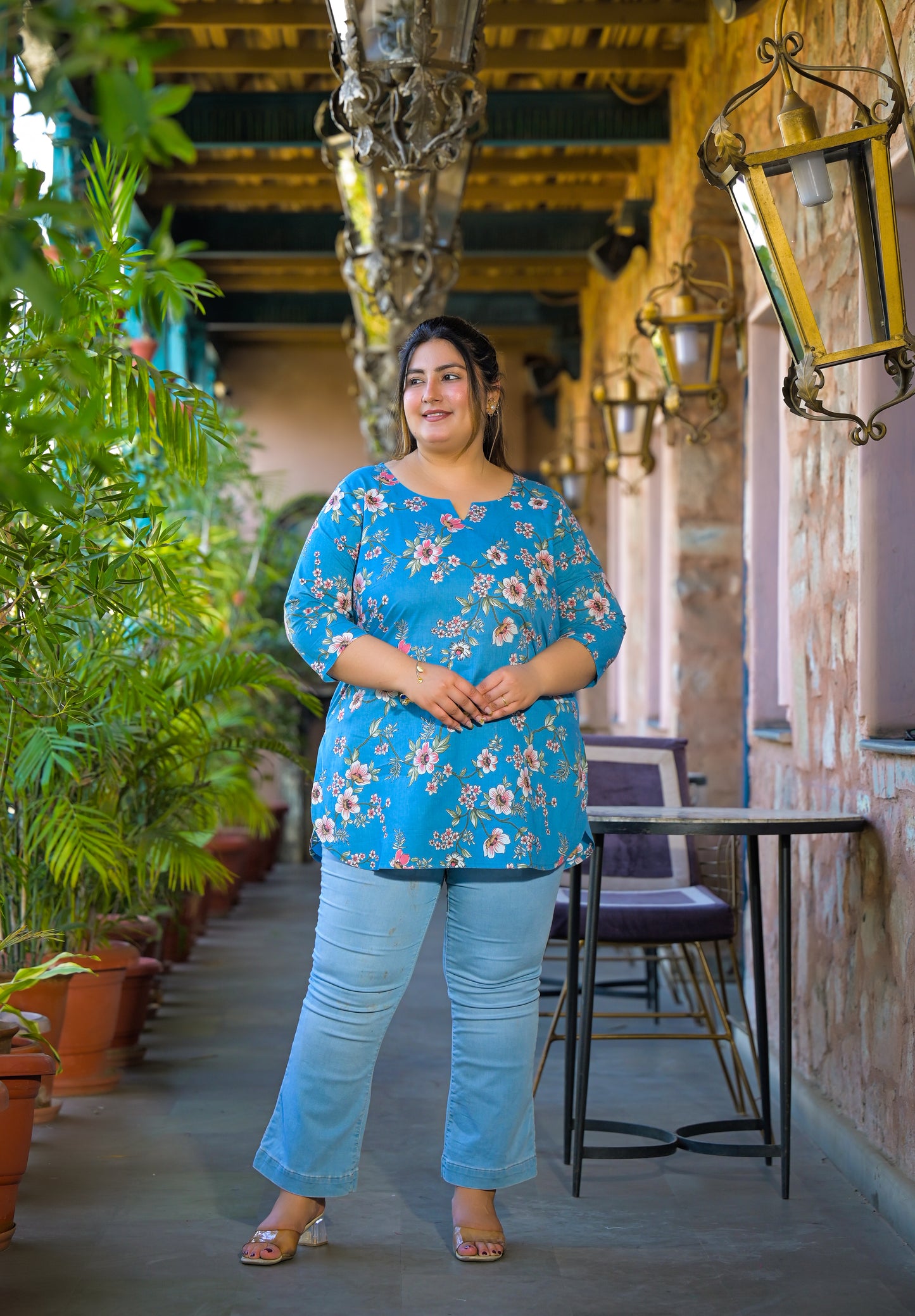 Teal Blue Pure Cotton Printed Top