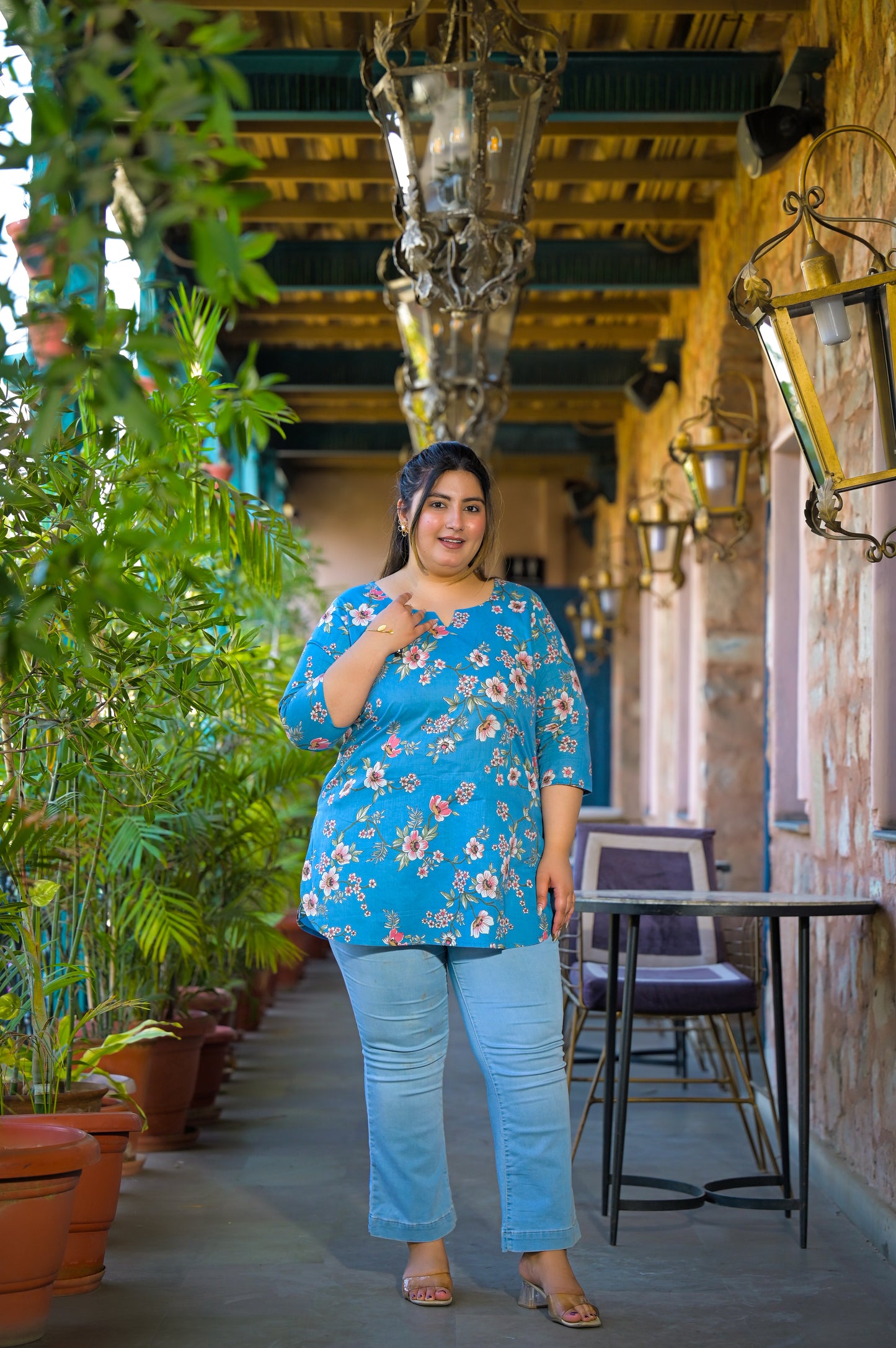 Teal Blue Pure Cotton Printed Top