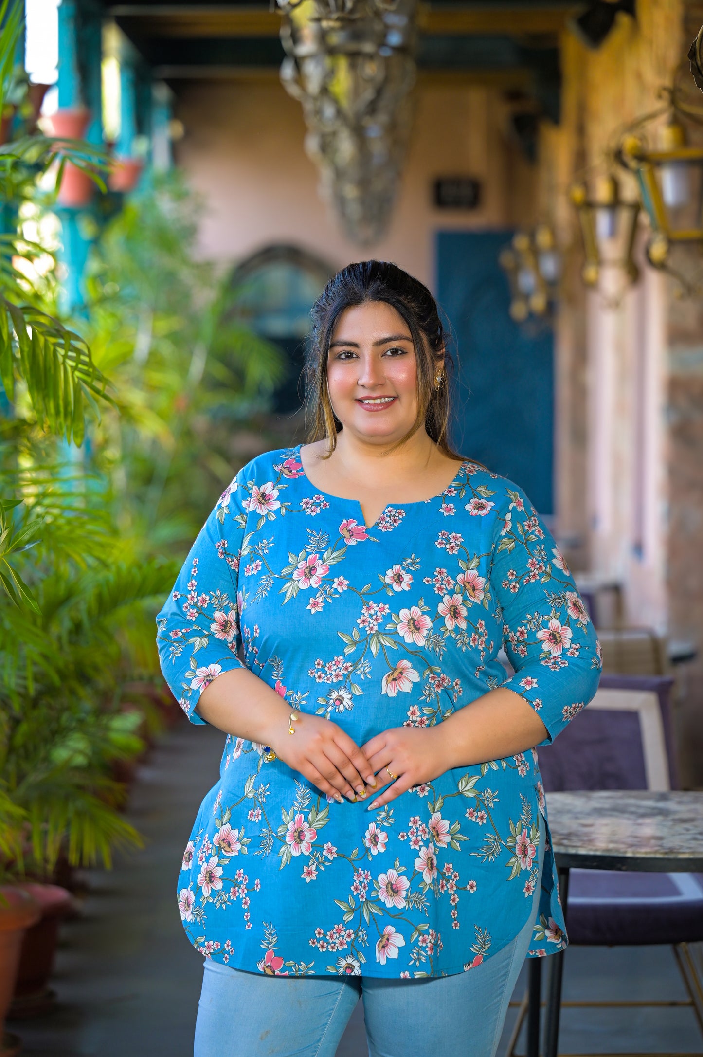 Teal Blue Pure Cotton Printed Top