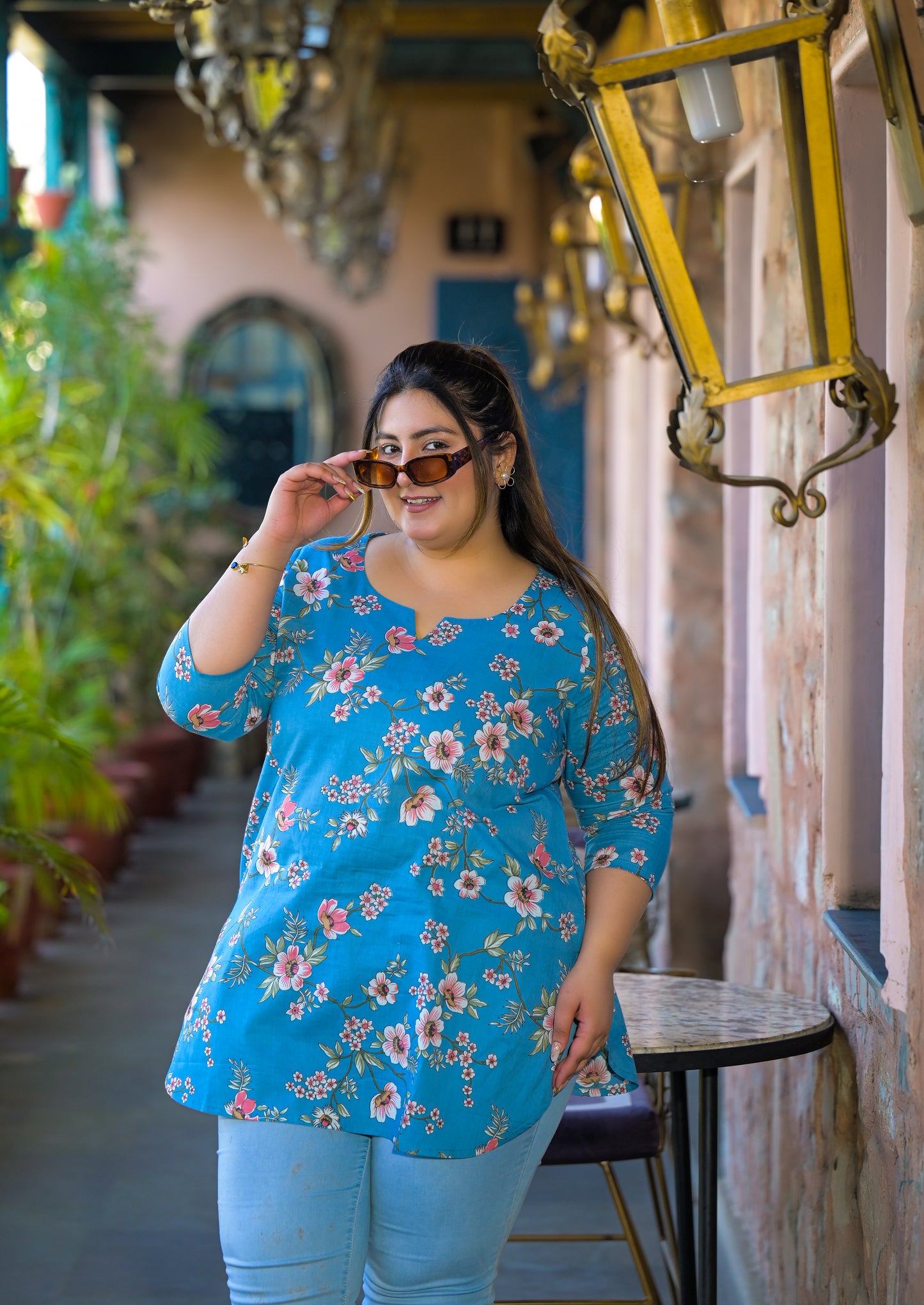 Teal Blue Pure Cotton Printed Top