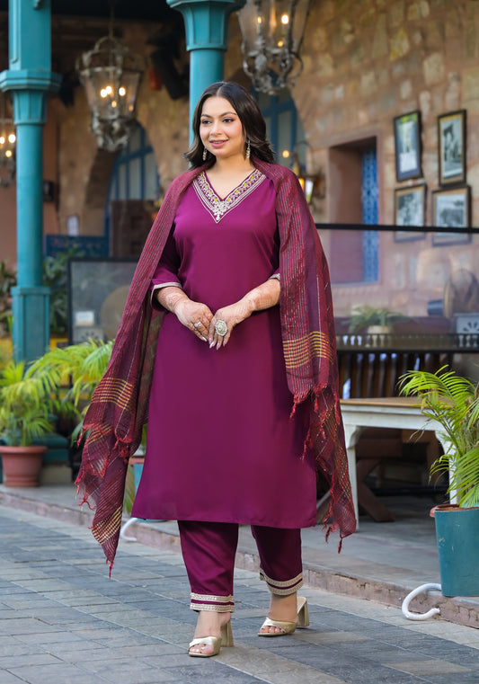 Maroon Embroidered Kurta Pant Dupatta Set