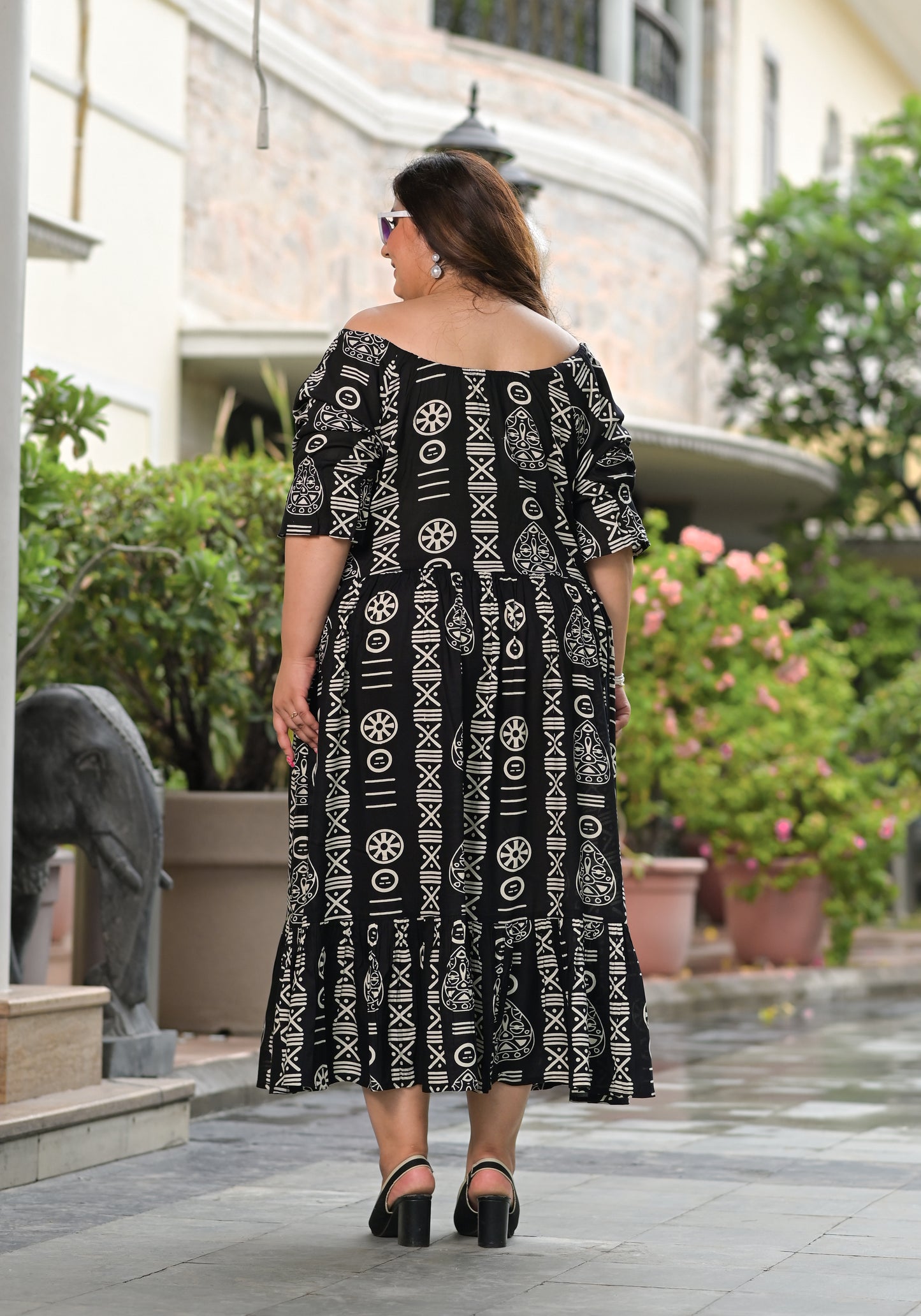 Black Printed Elastic Neck Dress