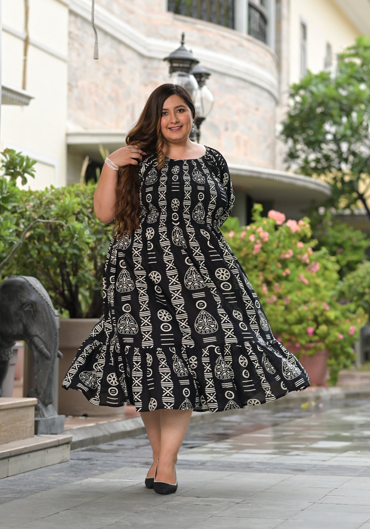 Black Printed Elastic Neck Dress