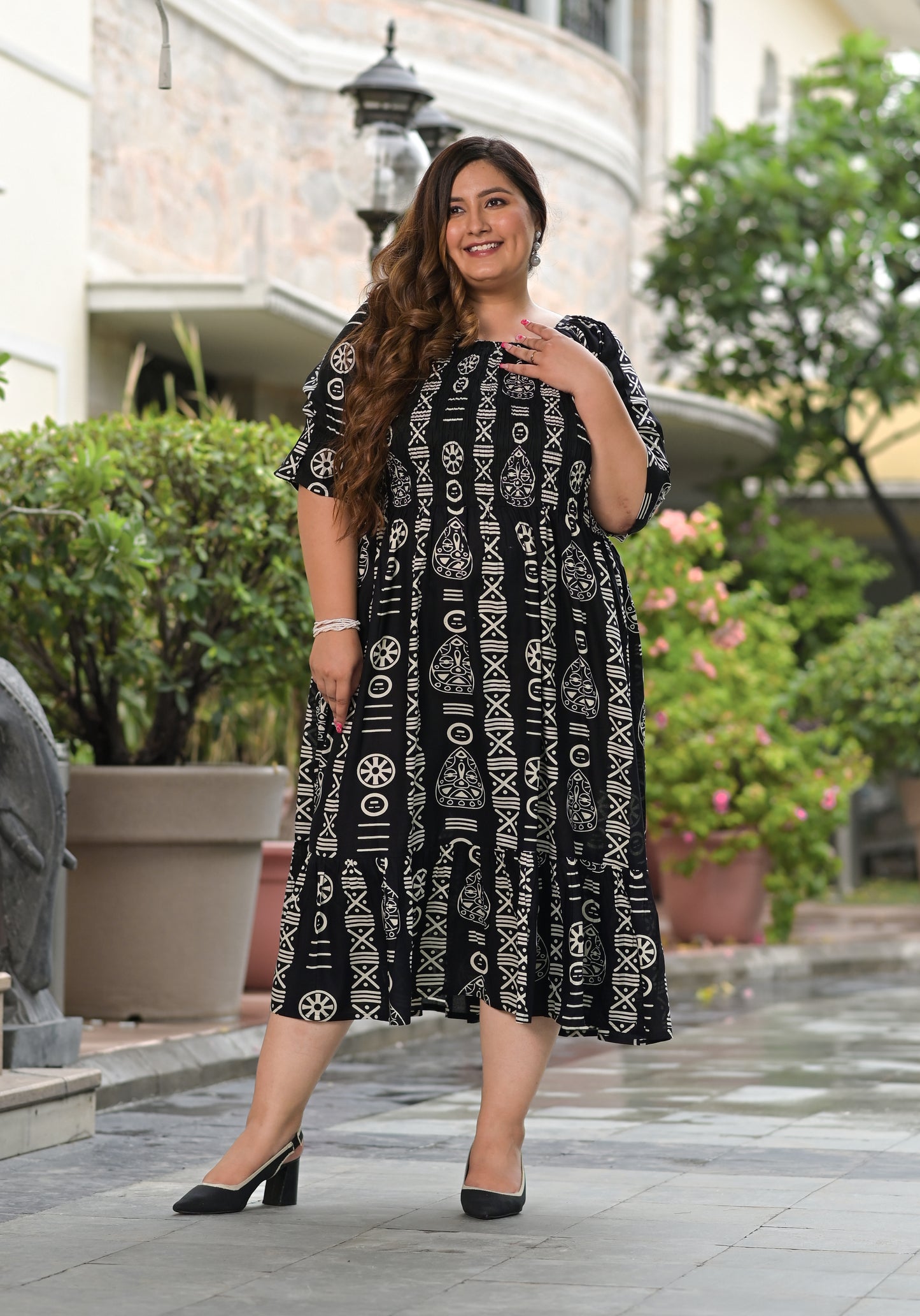 Black Printed Elastic Neck Dress