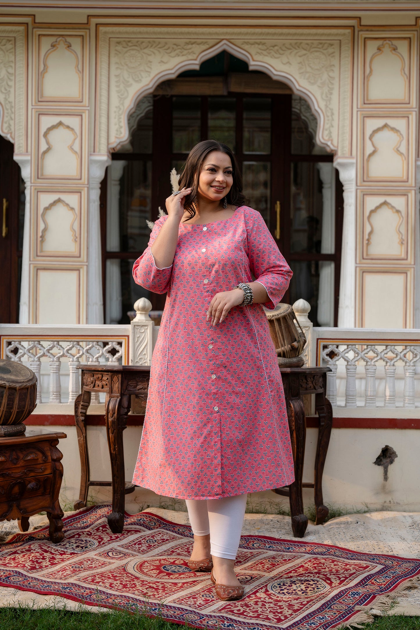 Pink Pure Cotton Front Slit Princess Cut 'A' Line Kurta