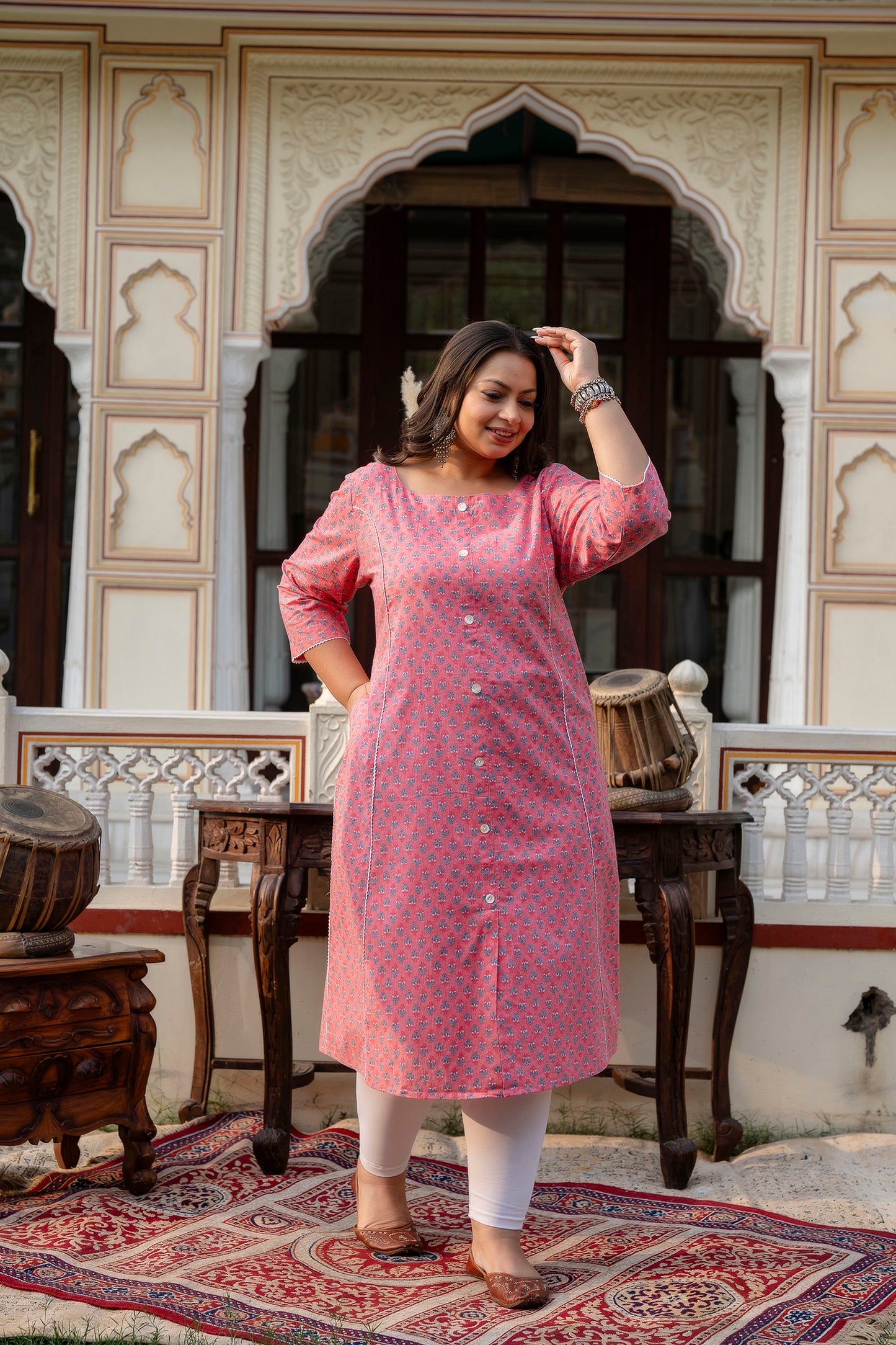 Pink Pure Cotton Front Slit Princess Cut 'A' Line Kurta