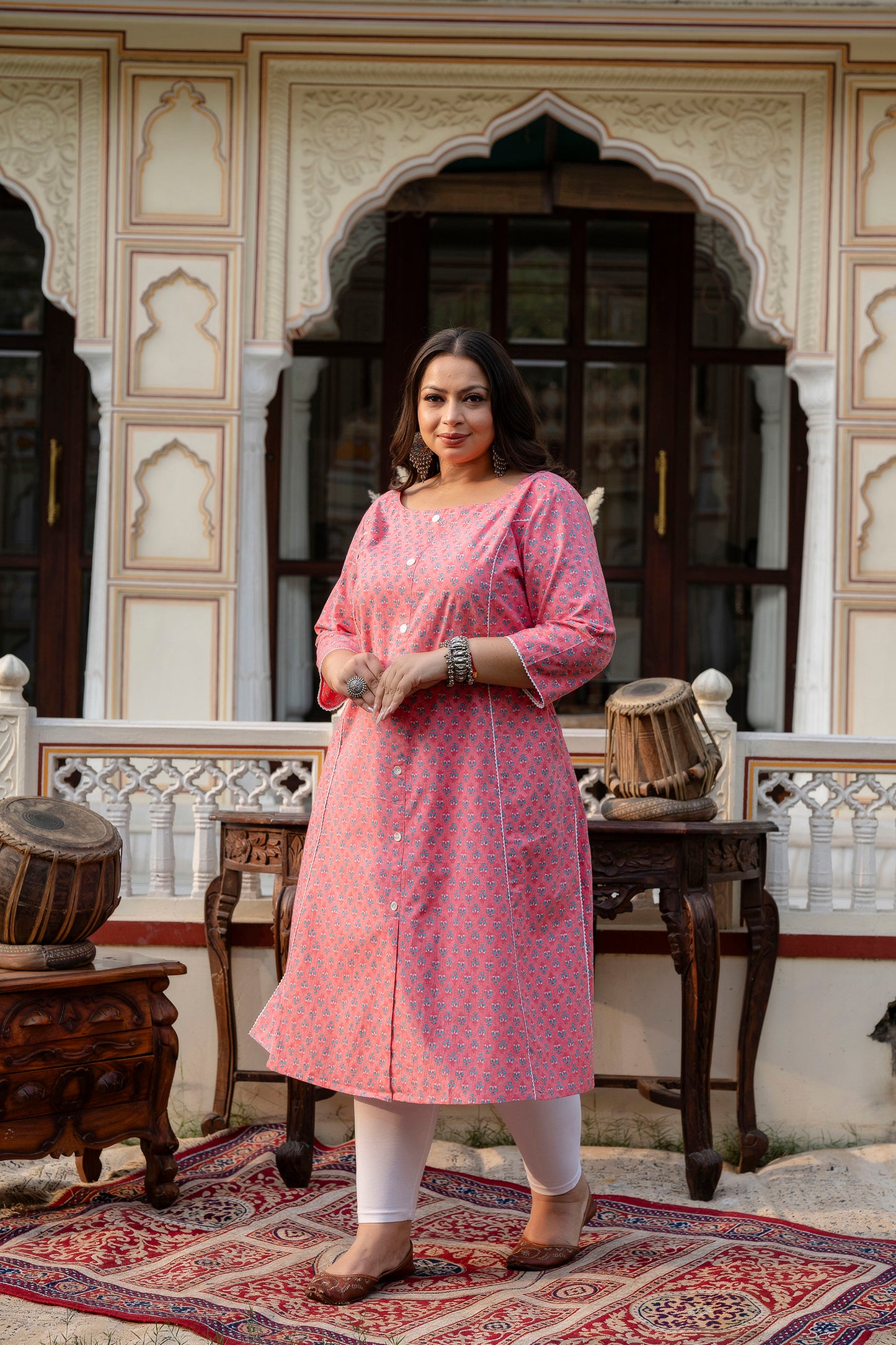 Pink Pure Cotton Front Slit Princess Cut 'A' Line Kurta