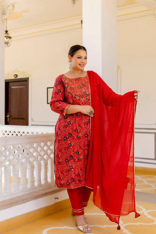 Red Embroidered Kurta Pant & Dupatta Set (Muslin)