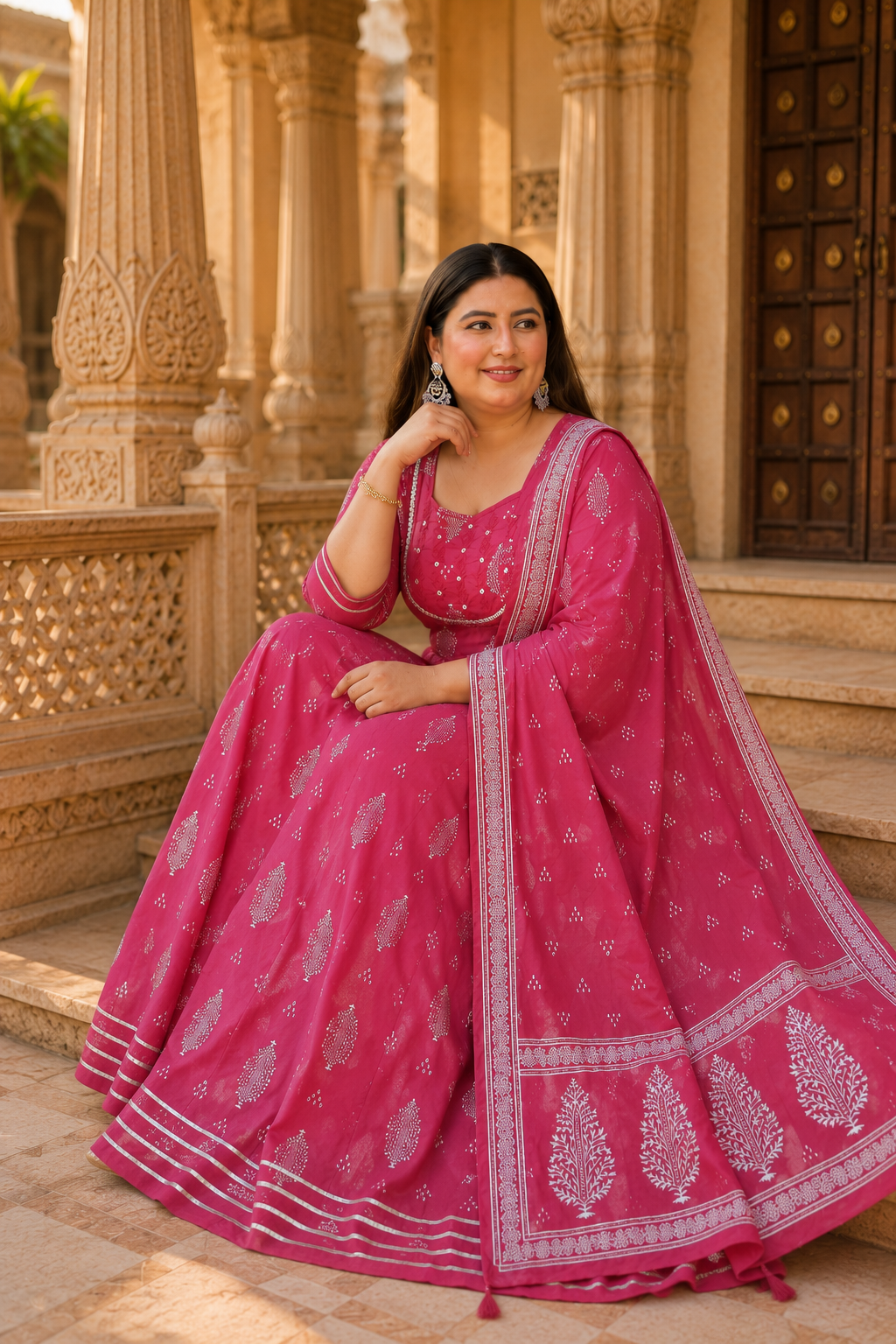 Pink Anarkali Kurta & Dupatta Set (Cotton)