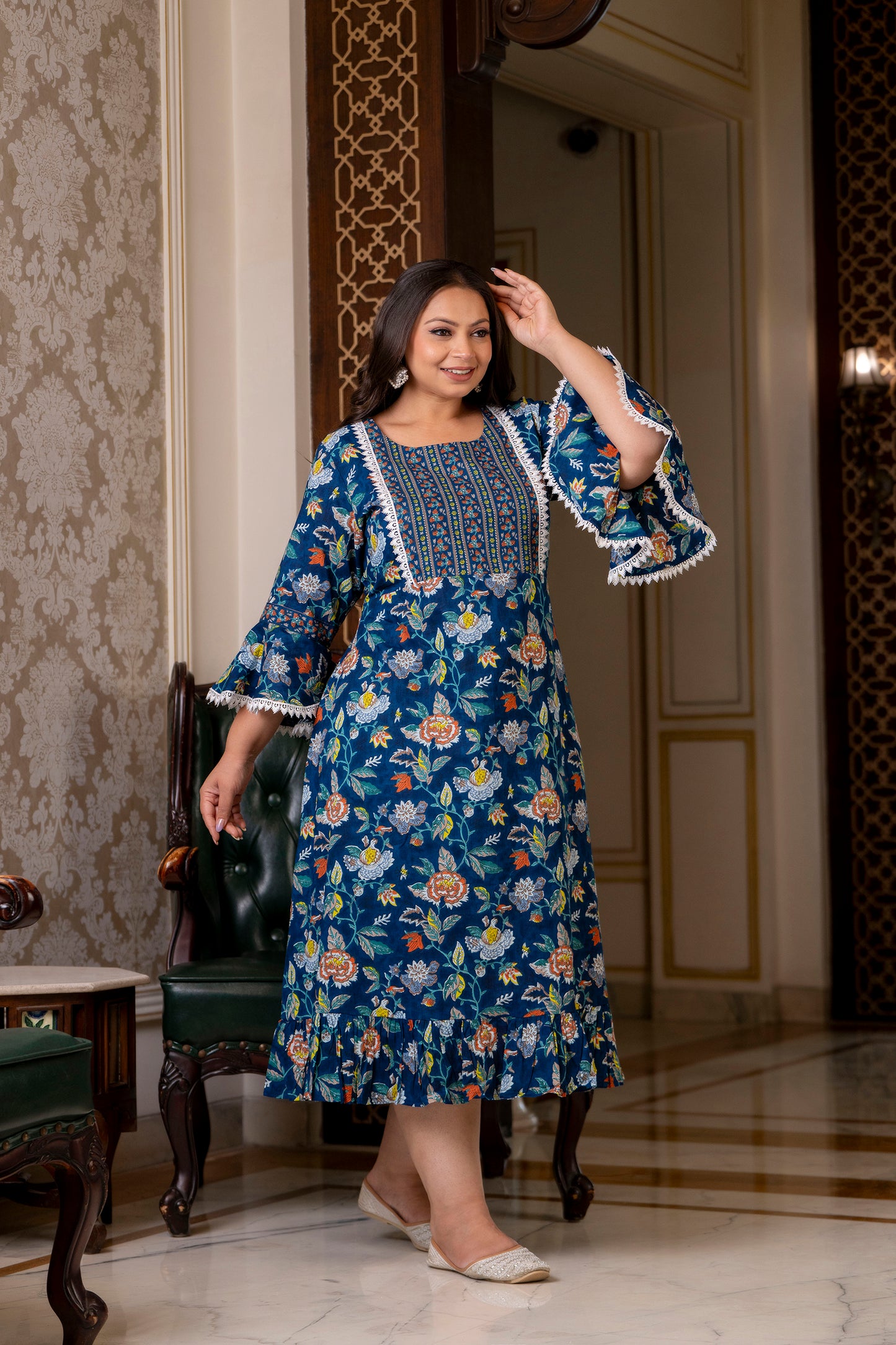 Blue Pure Cotton Printed Long Dress