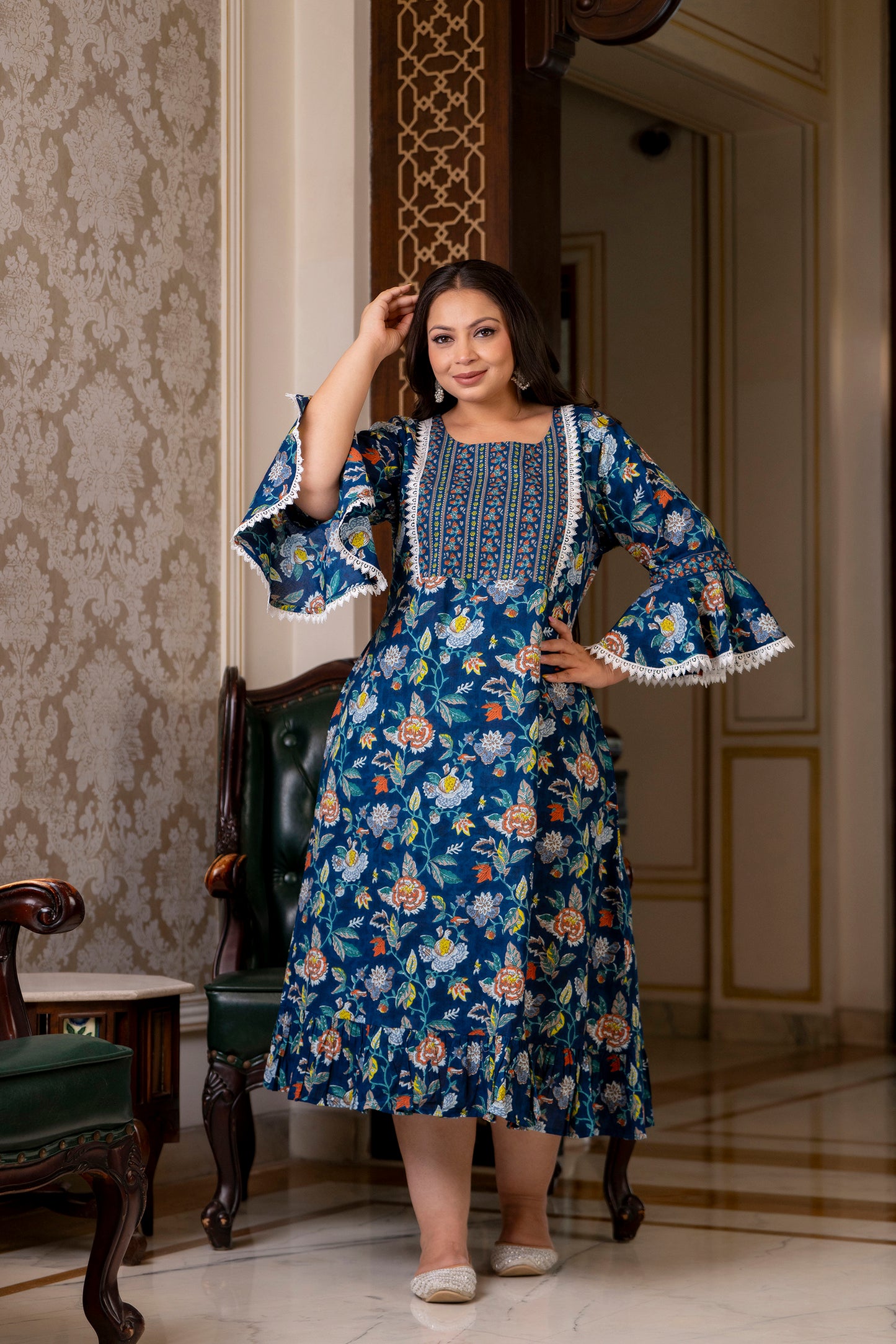 Blue Pure Cotton Printed Long Dress