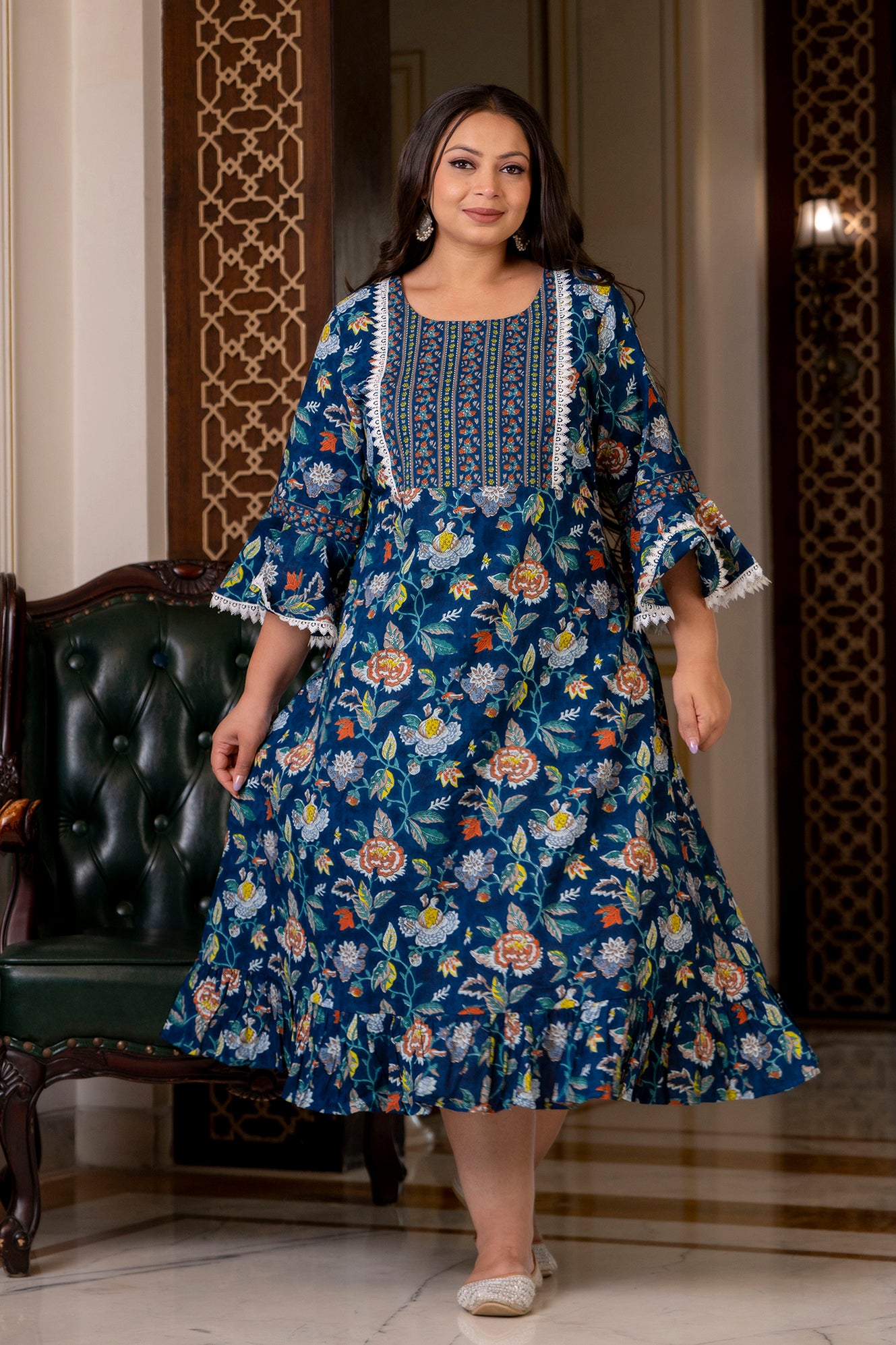 Blue Pure Cotton Printed Long Dress