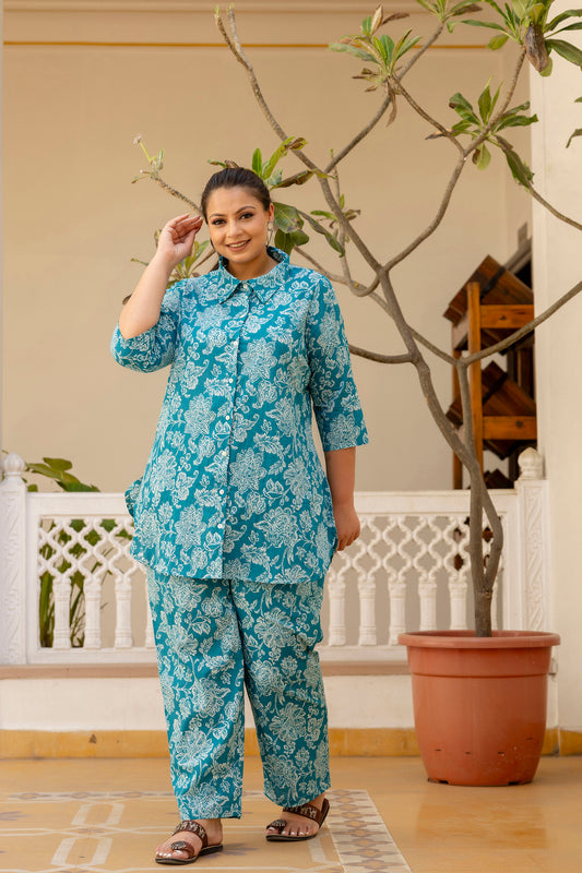 Teal Blue Pure Cotton Co-Ord Tunic and Pant Set