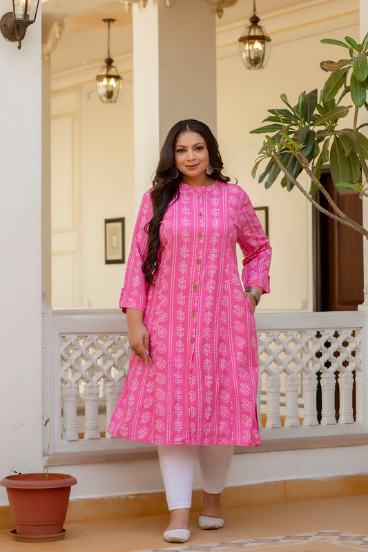 Pink Front Slit Princess Cut 'A' Line Kurta