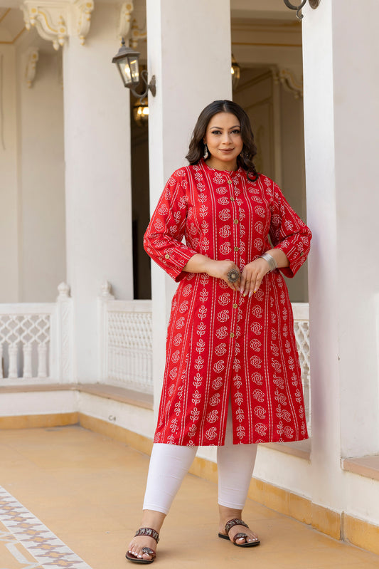 Red Front Slit Princess Cut 'A' Line Kurta