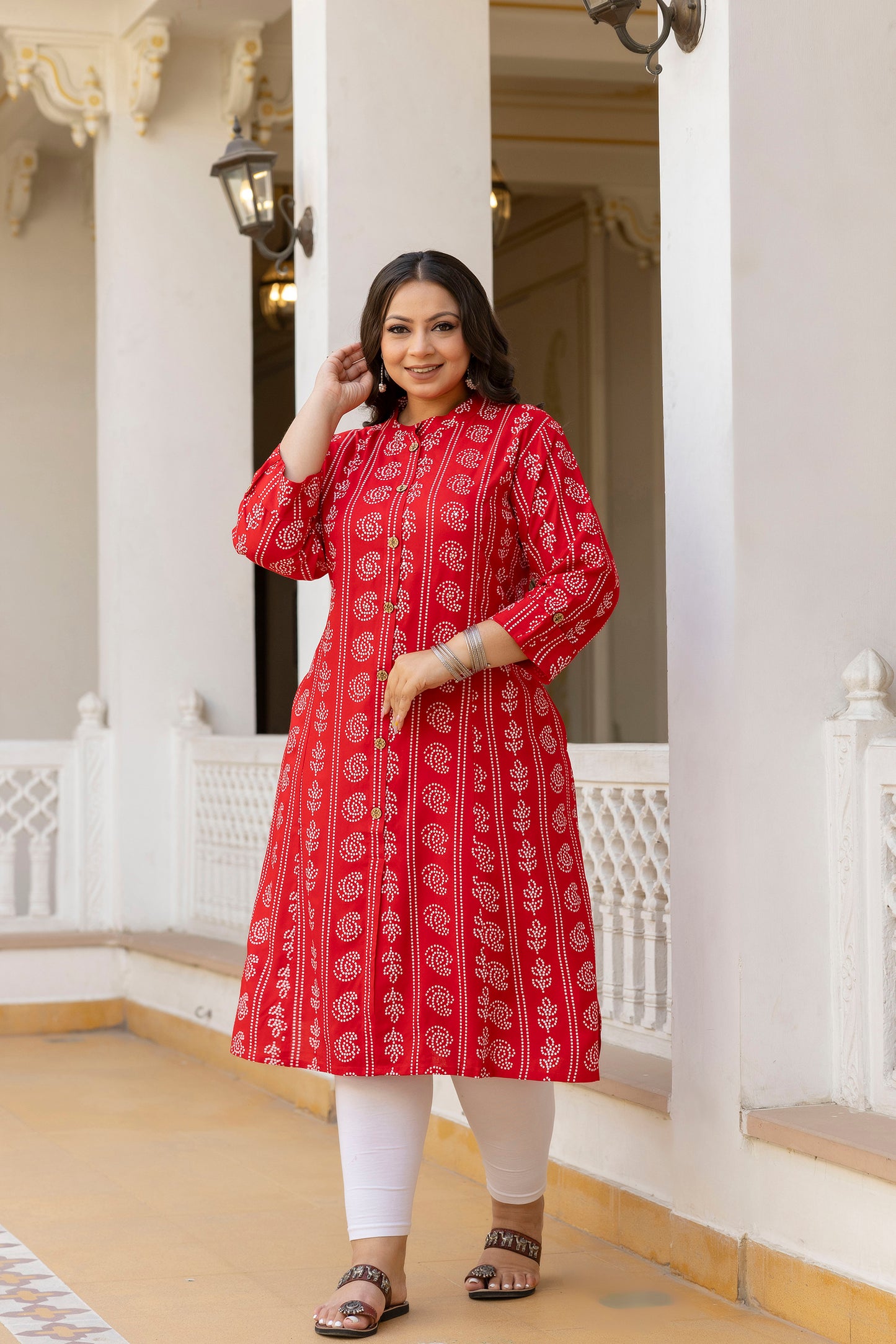 Red Front Slit Princess Cut 'A' Line Kurta