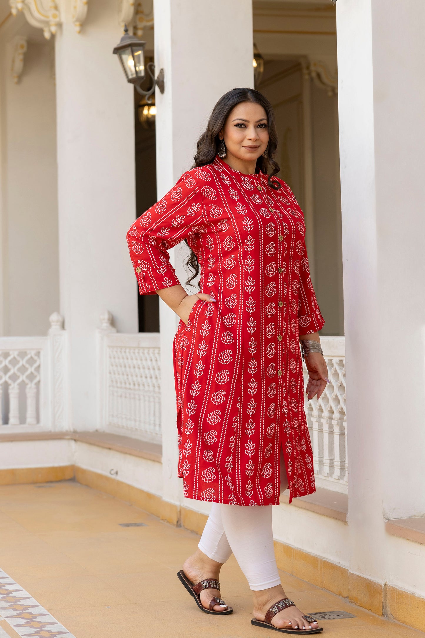 Red Front Slit Princess Cut 'A' Line Kurta