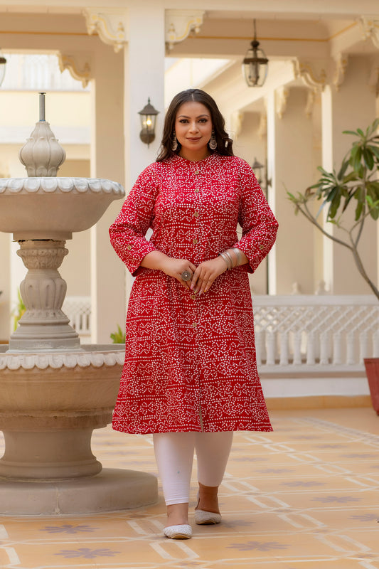 Red Front Slit Princess Cut 'A' Line Kurta