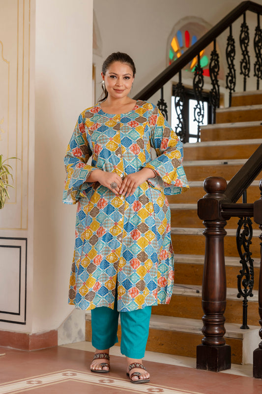 Turquoise Front Slit Princess Cut 'A' Line Kurta