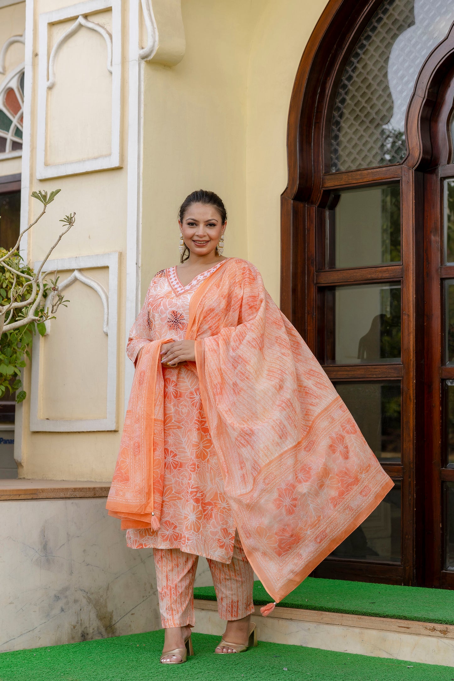 Coral Cotton Kurta pant Dupatta Set