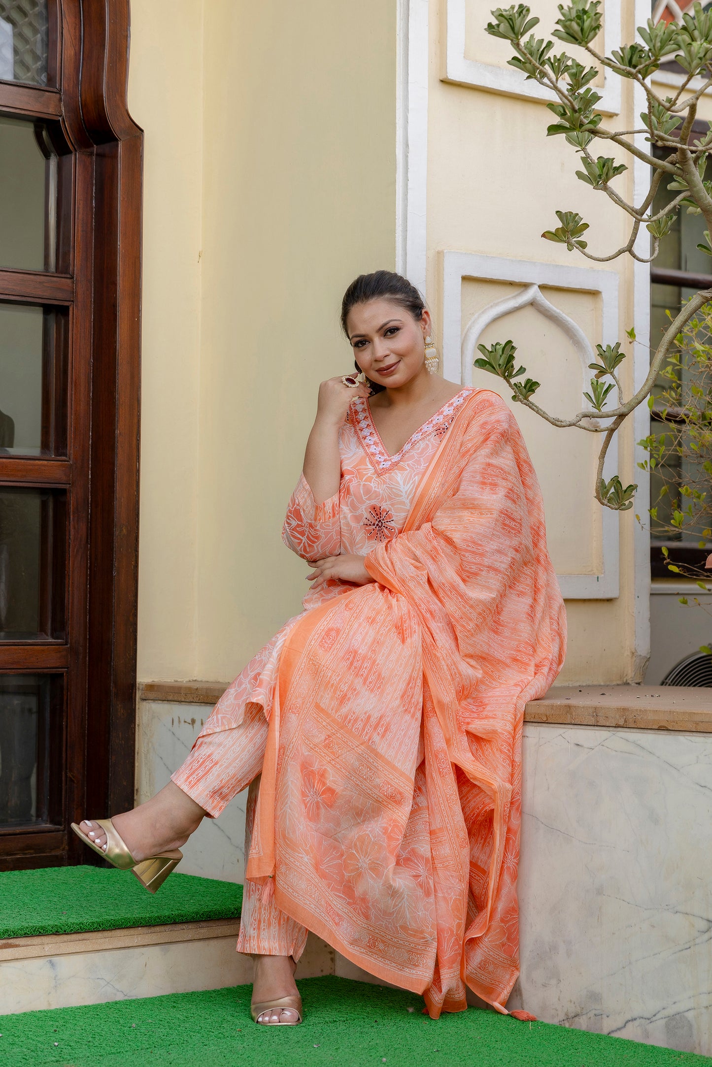 Coral Cotton Kurta pant Dupatta Set