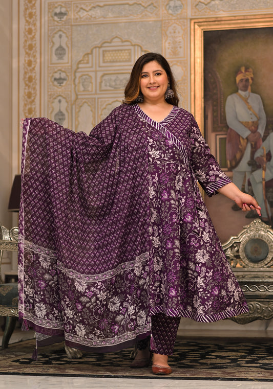 Purple Angrakha Kurta Pant Dupatta Set