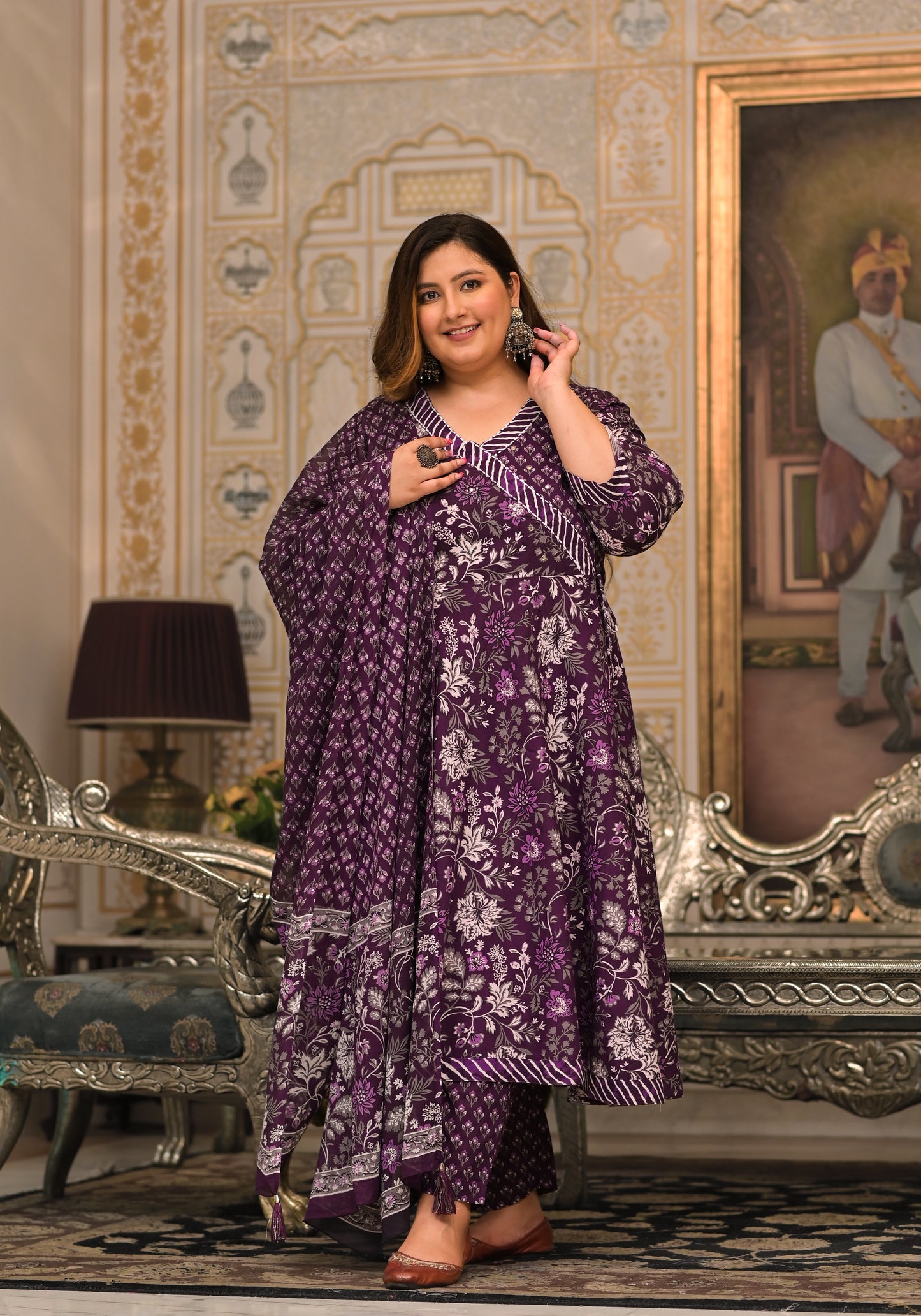 Purple Angrakha Kurta Pant Dupatta Set